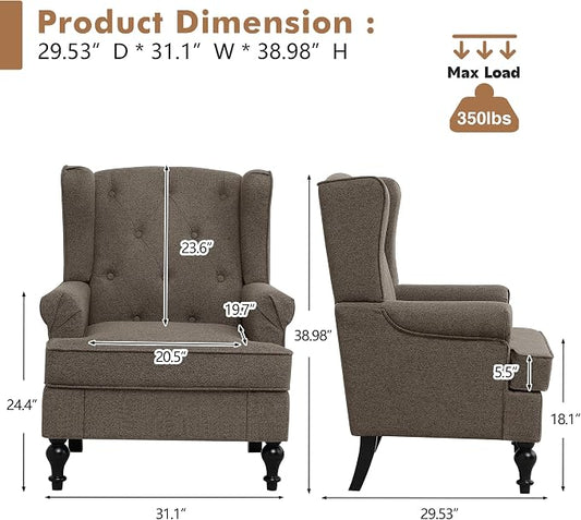 Accent Chair for Living Room, Mid Century Modern Upholstered Armchair, Wingback Chair with Tufted High Back and Solid Legs, Comfy Side Chairs Single Sofa for Bedroom, Brown
