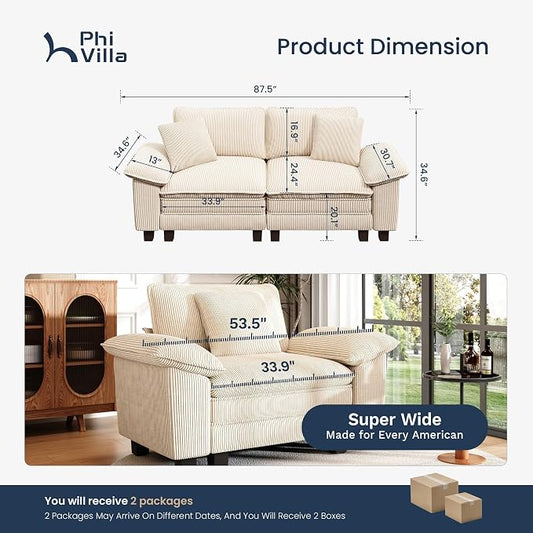 PHI VILLA Cloud Modular Couches Sets, 87.5" Sectional Loveseat Sofa with Upholstered Deep Seat, 2-Seater Comfy Couches for Living Room Bedroom, Corduroy Fabric, Beige