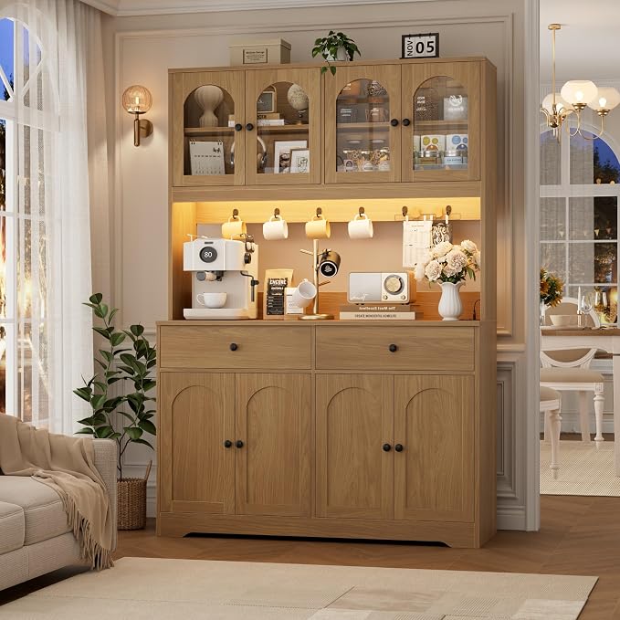 HIFIT 71" LED Kitchen Pantry Cabinet with Power Outlet, Large Kitchen Hutch Storage Cabinet with Arched Door & Shelves & 2 Drawers, Tall Modern Coffee Bar w/Hutch for Home Dining Living Room, Natural