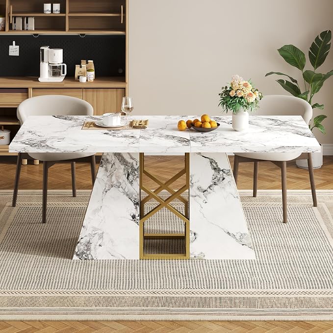 HOMISSUE 71 Inch Modern White Dining Table for 6-8 People, Large Faux Marble Kitchen and Dining Room Table,Rectanglar Dinner Table with Metal Frame for Dining Room, Living Room, White