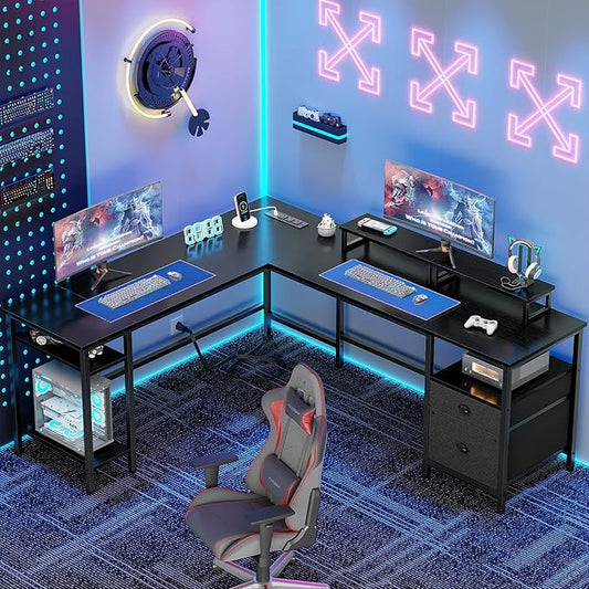 Furologee 66” L Shaped Desk with Power Outlet, Reversible Computer Gaming Desk with File Drawer & 2 Monitor Stands for Home Office with Storage Shelves, Black