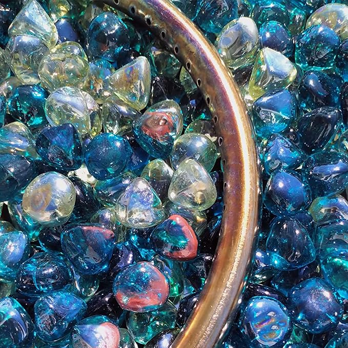onlyfire 10-Pounds Fire Glass Diamonds for Propane Fire Pit, 1 Inch Blended Firepit Glass Rocks Stones for Gas Fireplace and Fire Pit Table - Cobalt Blue+Crystal Ice+Caribbean Blue…