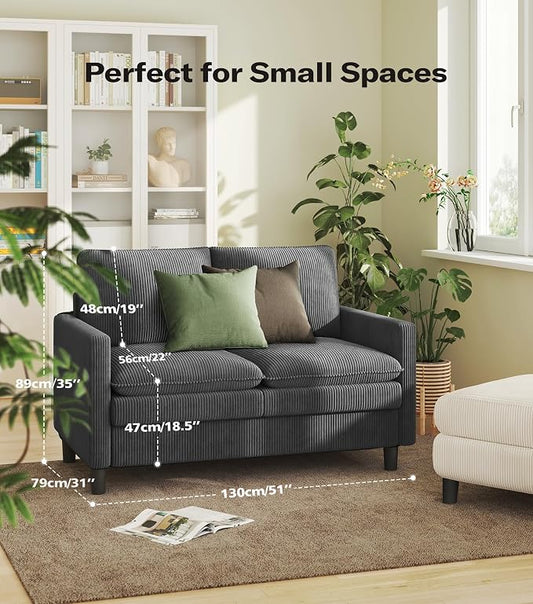 Welzona 3-Layers Cloud Loveseat Sofa, 51" Corduroy Small Couch for Living Room, Bedroom - Tool-Free Assembly Small Sofa - Grey - Futon Couch - Removable Washable Covers - 650lbs Capacity