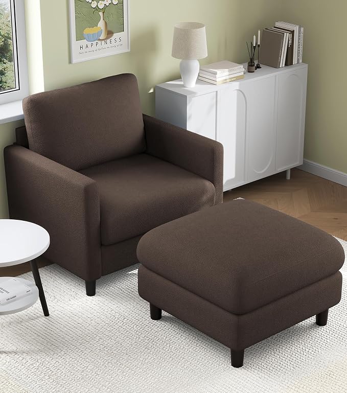 Welzona Sofa Accent Chair with Ottoman, 33" Reading Chair and Ottoman Set for Bedroom, Tool-Free Setup Living Room Accent Chairs, Comfy Arm Chairs Living Room, All-Wood Reading Nook, Brown