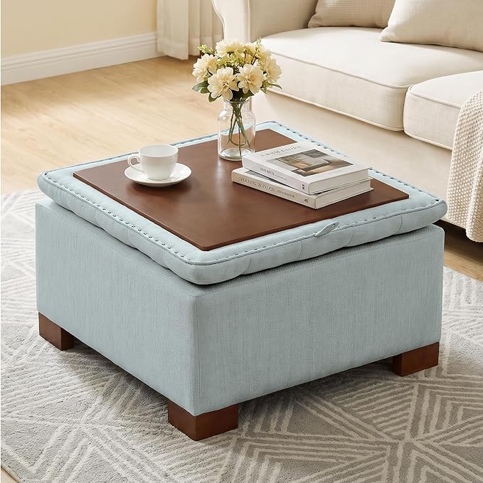 30 Inch Square Storage Ottoman Coffee Table, Modern Tufted Upholstered Ottoman with Flip Tray and Solid Wood Legs, Suitable for Living Rooms, Linen Blue