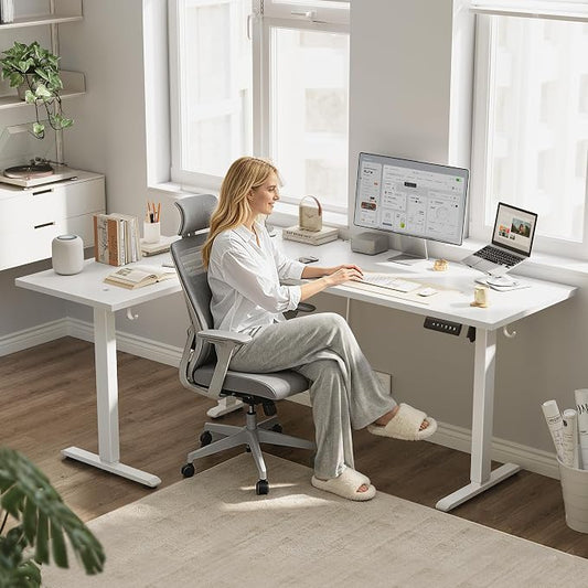 Klicelor L Shaped Standing Desk 63 x 48 Inch, Electric Height Adjustable Corner Desk for Home Office Workstation, Ergonomic Sit to Stand Computer Table with Memory Controller, White