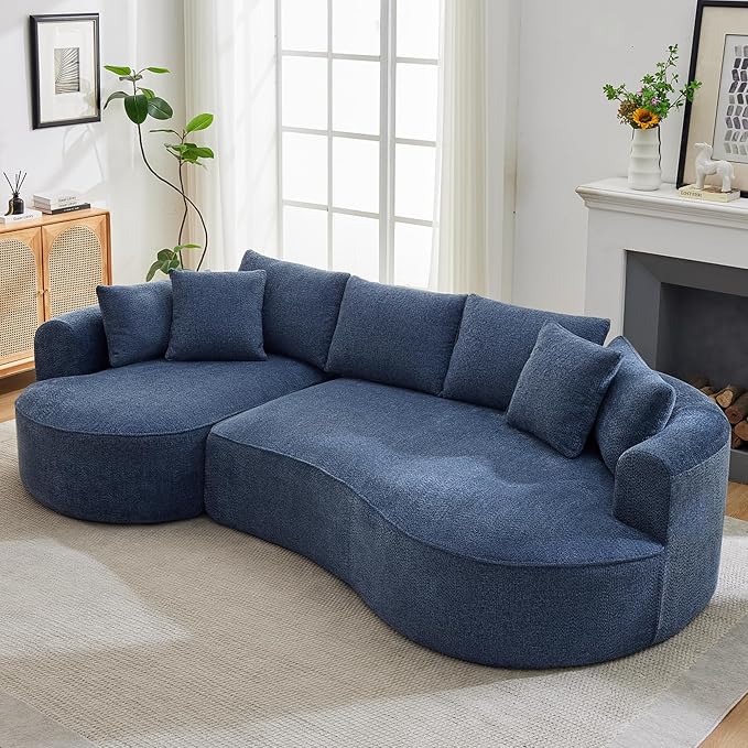 Opiesit 124" Oversized Boneless Couches for Living Room, Sectional Curved Sofa with 7 Pillows, L-Shape Boneless Couch with Deep Seat, High-Density Memory Foam, No Assembly Required, Chenille (Blue)