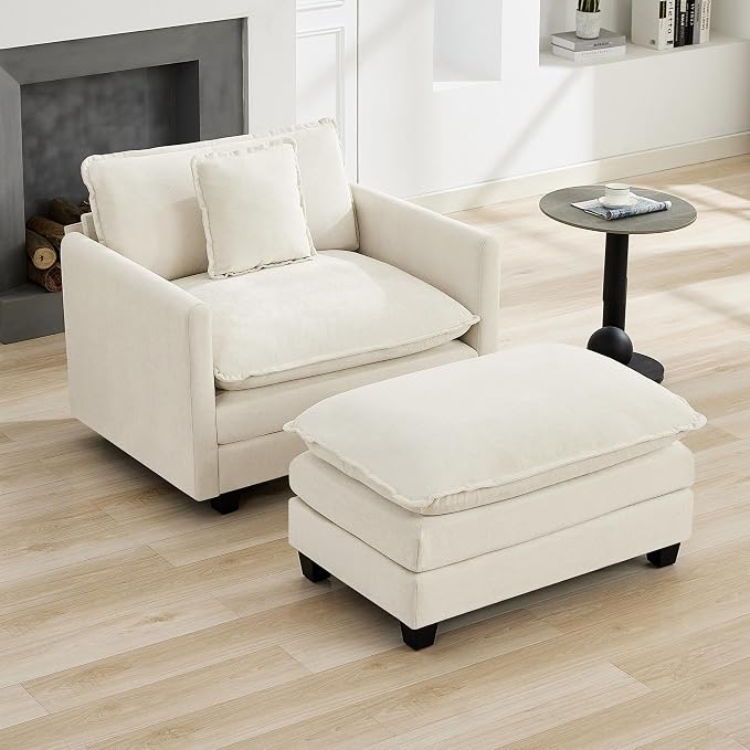 WUTUTUEE 41'' Modern Chenille Oversized Chair, Upholstered Accent Living Room Chair with Extra Thicked Deep Seat, Single Lounge Chair for Bedroom, Small Apartment, Beige