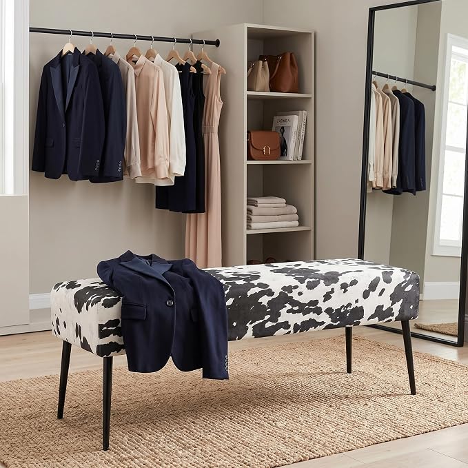 DUHOME Velvet Bench Ottoman, Upholstered Bedroom Benches Cow Print End of Bed Bench with Black Metal Base for Entryway Dining Room Living Room Bedroom, Black