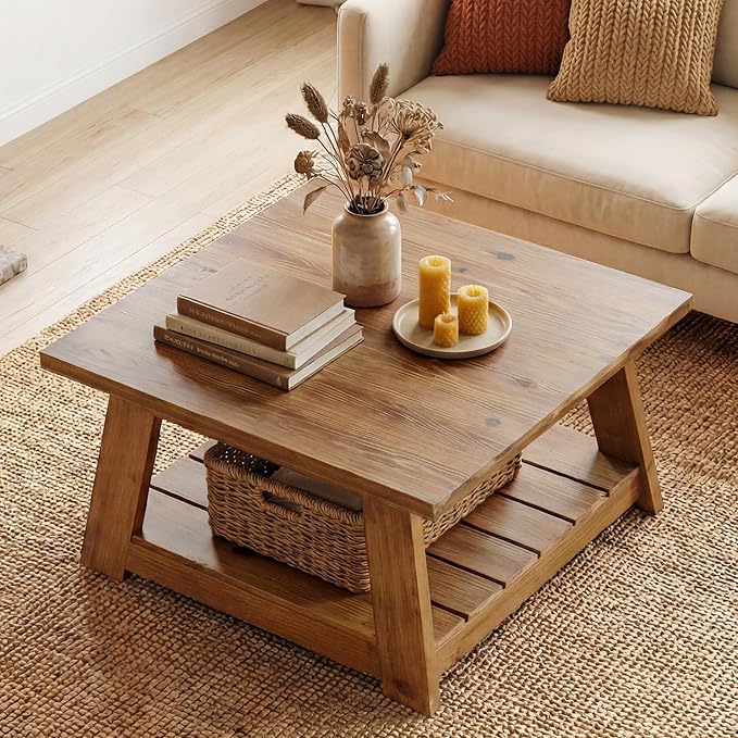 31.5" Solid Wood Square Coffee Table, 2-Tier Storage Design, Sturdy Wooden Legs, Farmhouse Accent Center Cocktail Table for Living Room, Easy Assembly, Honey Brown