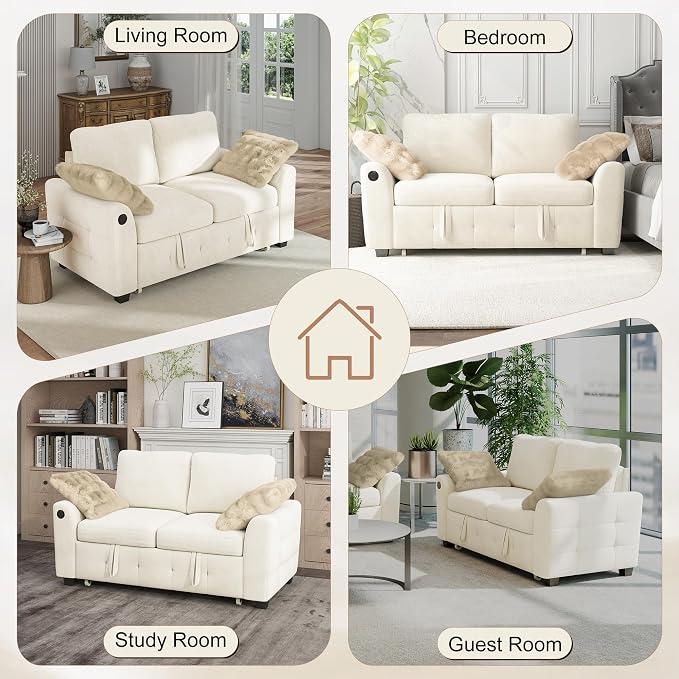 Hanherry 59" Loveseat Sofa with Pull Out Couch Bed, Chenille 2-in-1 Convertible 2 Seater Sleeper Sofa with USB Charging,Comfy Love Seat for Small Spaces Living Room Apartment