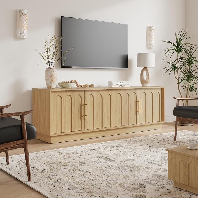FORTUNETEC TV Stand for 75 Inch TV, Mid Century Modern TV Stand with Arched Design, Wood Grain Finish, Boho Media Console with Adjustable Shelves, 67" Entertainment Center for Living Room Bedroom, Oak