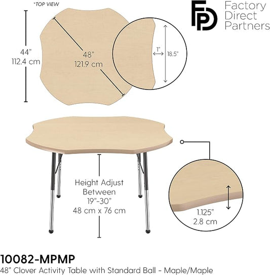 FDP Clover Activity School and Office Table (48 x 48 inch), Standard Legs with Ball Glides for Collaborative Seating Environments, Adjustable Height 19-30 inches - Maple Top and Maple Edge