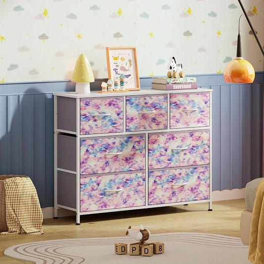 WLIVE 7 Drawer Dresser TV Stand, Entertainment Center, Media Console Table with Wood Top for TV up to 45 inch, Chest of Drawers for Bedroom, Living Room, Tie-dye Print (Pink, Purple, Blue)
