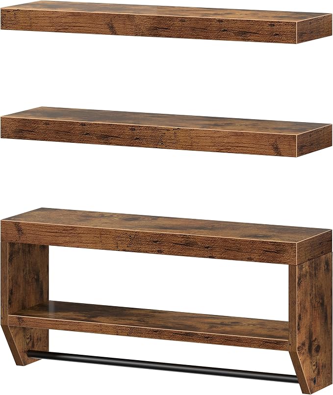 QEEIG Bathroom Floating Shelves for Wall - Shelf Over Toilet Paper Storage Farmhouse 24 inch Set of 3, Rustic Brown (028-60BN3)