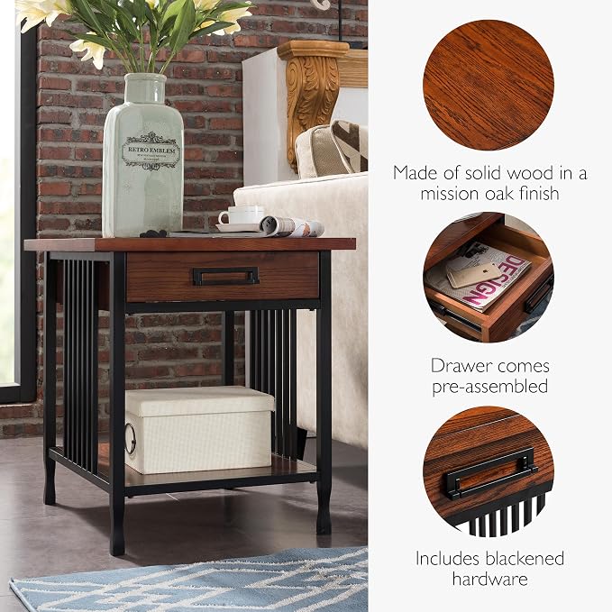 Leick Home Ironcraft End Table, Solid Wood, 1 Storage Drawer, Bottom Display Shelf, Mission Oak, Black Steel Base, Easy Assembly, 22 in W x 24 in H x 24 in D, 11207