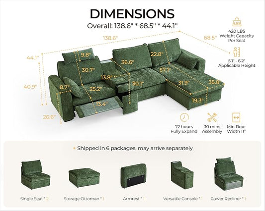 138.6'' Oversized Power Recliner Sofa with Headrest, Modular Cloud Sectional Couch with Convertible Table, Charging, Drawer, Cup Holder, 4-Seater with Storage Ottoman, Chenille, Green