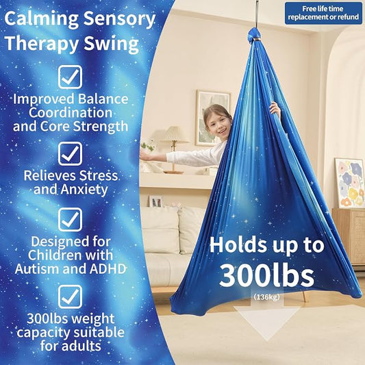 Sensory Swing for Kids Indoor & Outdoor Double Layer Therapy Cuddle Hammock Chair with 360 Swivel Hanger Kit Adjustable Swing for Child and Adult with Aspergers Autism ADHD (Star Blue)