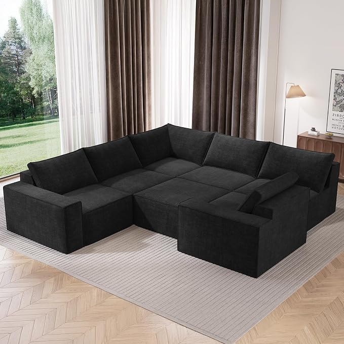 Vesgantti 143.7" Boneless Couch for Living Room, 6 Seater Modular Sectional Sofa with Ottoman & Deep Seat, Convertible Chenille Oversized Cloud Couches, No Assembly Required, Black