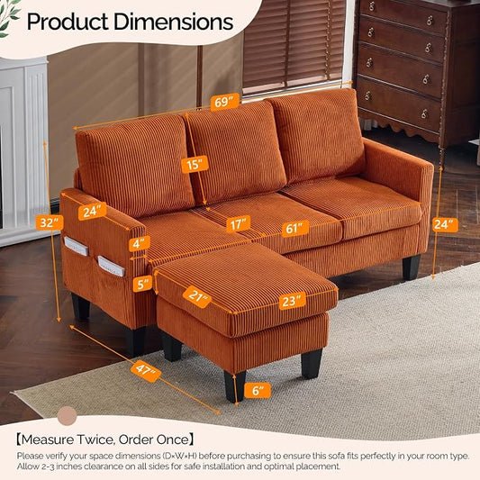 VINGLI 68.5' L Shaped Couch with Movable Storage Ottoman, Convertible Sectional Sofa in Soft Corduroy Fabric, Modern Reversible Chaise Couch for Small Spaces, Apartment, Living Room,Orange