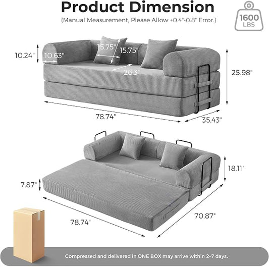 79" 5-in-1 Convertible Sofa Bed No Assembly, Boneless Couch Bed with High Density Foam, Foldable Sleeper Sofa, Corduroy Modular Couch for Apartment, Studio, Dorm Room, Small Space, Light Grey