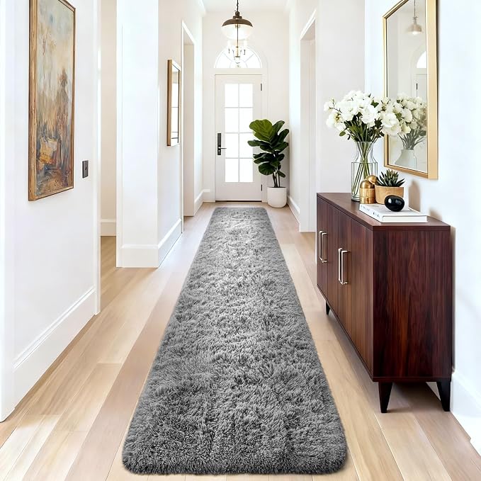 Ophanie 2x10 Runner Rug for Hallway,Upgrade Non-Slip Fluffy Soft Bedside Rugs,Bedroom Living Room Grey Shaggy Gray Carpet for Kids Girls Boys Dorm Nursery Decor Aesthetic with Over 99 pcs Pile fibers