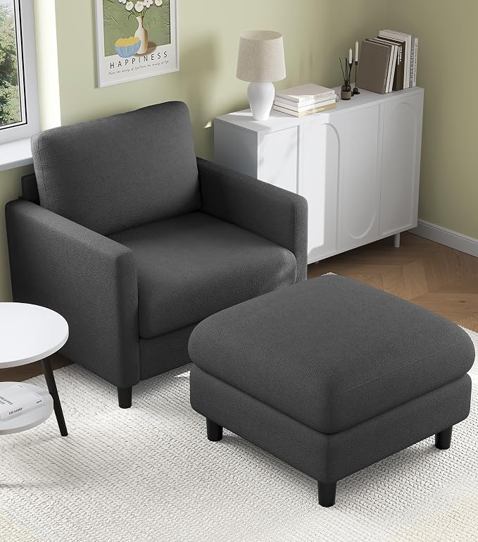 Welzona Sofa Accent Chair with Ottoman, 33" Reading Chair and Ottoman Set for Bedroom, Tool-Free Setup Living Room Accent Chairs, Comfy Arm Chairs Living Room, All-Wood Reading Nook, Grey