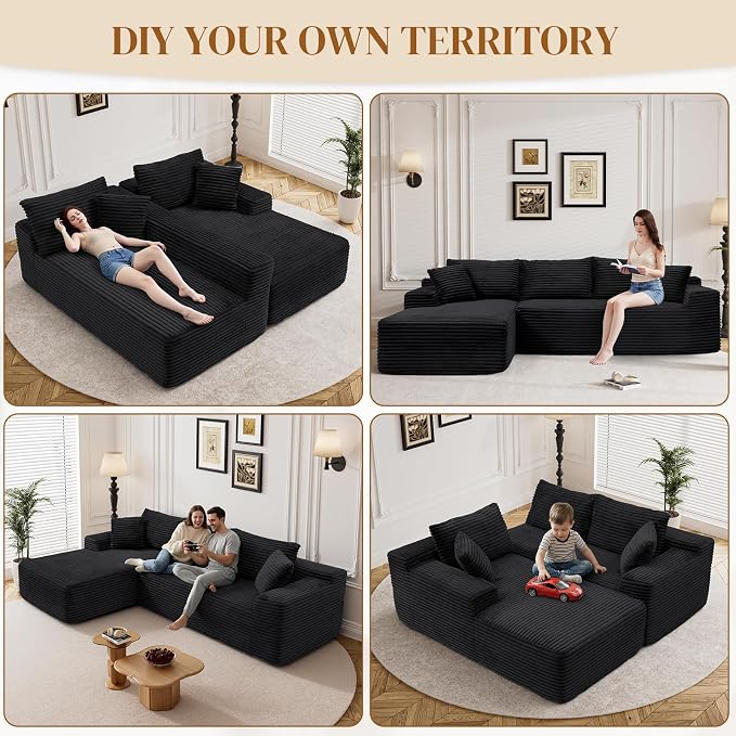 95" L Shaped Boneless Sectional Couches, Wide Armrest, Deep Seat, Memory Foam, Assembly Free, Modern Comfy Corduroy Fluffy Cloud Sofa with Left Chaise for Living Room, Small Spaces, Black