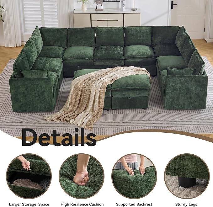 130" Green Oversized Modular Storage Sofa, U Shaped Chenille Cloud Couch | Oversized Convertible Sectional Sofa, 9-Seat Sectional Couch With 2 Ottomans, Large Cloud Couch For Living Room, Apartment.