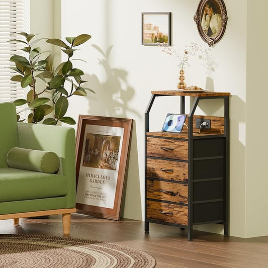 Furnulem Night Stand with Charging Station, 4 Drawers Tall Bedside Table | Small Rustic Brown Dresser, 33.3 Inch Tall Dorm Nightstand, Fabric Drawers, Storage Tower for Closet, Bedroom, 3 Ways to Use