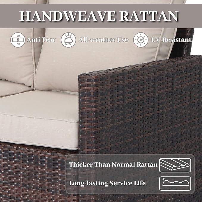 EortheX 3-Seat Rattan Wicker Outdoor Patio Sofa Garden Deck Porch, Beige | Weather-resistant PE rattan, quick-dry anti-slip cushions, for garden/deck/porch, rust-resistant frame, easy assembly
