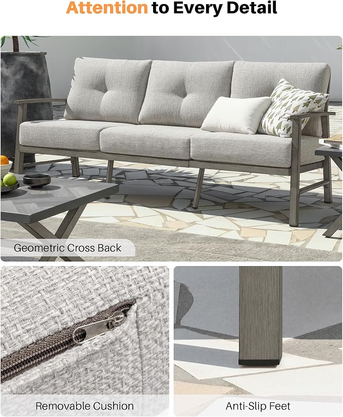 3 Seats Patio Furniture Sofa, Outdoor Aluminum Couch with 5.9'' Soft Cushion, 3-Seater All-Weather Outdoor Patio Furniture Sofa Couch for Balcony, Poolside, Lawn, Limed Oak