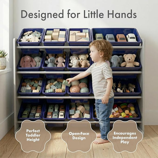 Humble Crew Toy Storage Organizer with 16 Removable Storage Bins for Kids Playroom, 4-Tier Toddler Toy Organization, Grey/Navy