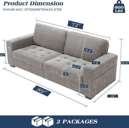 WorthFurni Sofas for Living Room, Chenille Loveseat Couch Set, Small Sofa, 3 Seater Sofa, USB Charging, Removable Sofa Cover,Solid Wood Frame, Easy to Install(89inch,Grey)