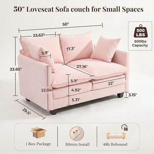 Loveseat Sofa with Cloud 3-Layer Cushion & 27" Deep Seat, Modern Love Seat Small Couch with 2 Washable Pillows for Small Spaces, Bedroom, Apartment, Office, Living Room, in a Box, 50-Inch Blush Pink