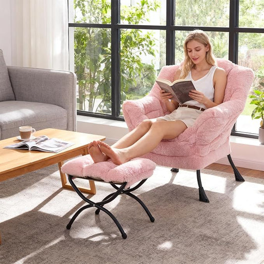 Welnow Lazy Chair with Ottoman, Modern Accent Chair with Armrests and a Side Pocket, Leisure Sofa Armchair Set, Reading Armchair with Footrest for Small Space, Plush Pink