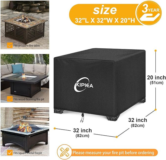 Kipiea Square Fire Pit Cover, Upgraded 600D Strong Tear Resistant, 32" L x 32" W x 20" H Super Waterproof Fire Pit Table Cover, UPF 50+ Outdoor Firepit Cover Square Fading Resistant
