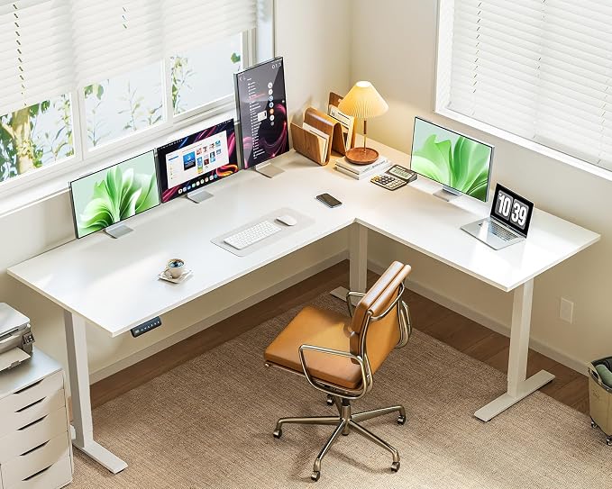 Casaottima 71 Inch Reversible Electric L Shaped Standing Desk, Height Adjustable Corner Stand up Desk, Ergonomic Large Lift Table for Home, Office, Workstation, Reception Room, White