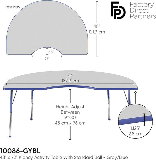 FDP Kidney Activity School and Office Table (48 x 72 inch), Standard Legs with Ball Glides for Collaborative Seating Environments, Adjustable Height 19-30 inches - Gray Top and Blue Edge
