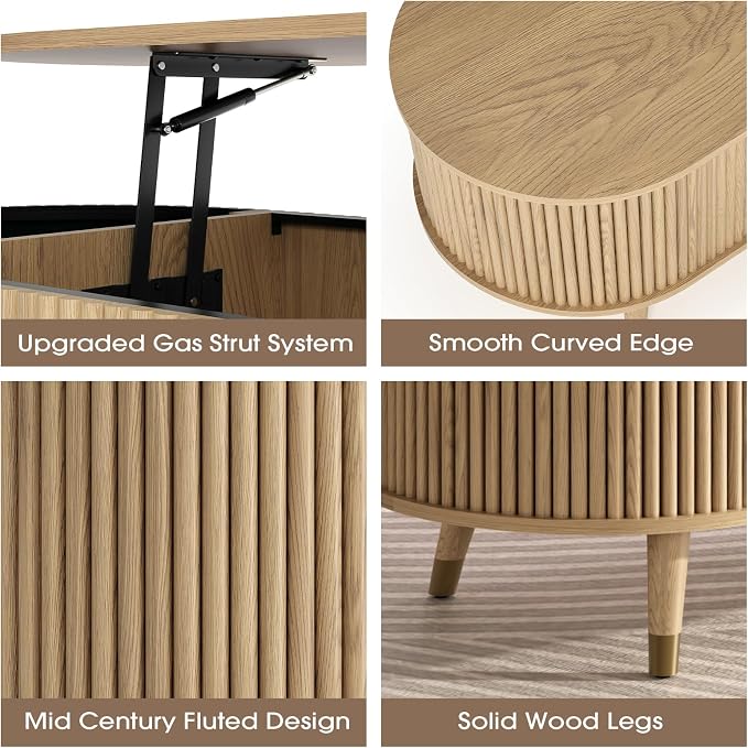 Oval Lift Top Coffee Table with Storage, 42.5” Fluted Coffee Table with Lifting Top & Solid Wood Legs, Mid Century Modern Center Table for Living Room, Home Office, Oak