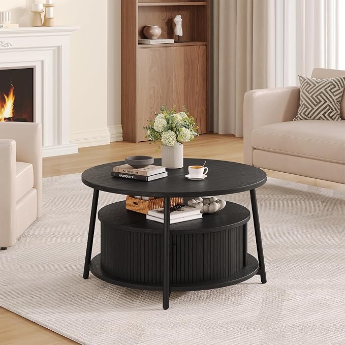 31.5 Inch Round Coffee Table with Storage, Fluted Coffee Tables with 2 Tiers, Mid-Century Modern Center Table with 2 Sliding Doors and Adjustable Footpad for Living Room, Black