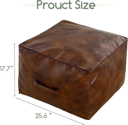 HIGOGOGO Square Stuffed Pouf Ottoman, Pu Leather Poufs with Foam Chunk Filling, Furry and Fluffy Pouf Foot Stool Storage Ottoman,26x18 Inches Floor Poufs Foot Rest for Living Room, Dark Brown