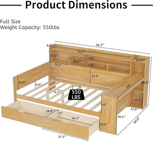 Merax Full Size Wood Daybed, Corner Bed Frame with Storage Shelves, 2 Drawers & Study Desk & Built-in Workspace, Multi-Functional Wooden Bed Space-Saving for Bedroom, Dorm, Guest Room, Natural