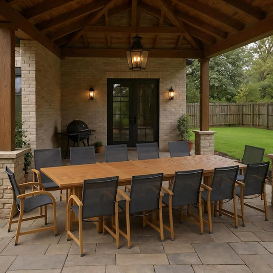 Amazonia Franklin 13-Piece Rectangular Extendable Patio Dining Set | Teak Finish and Weather-Net Technology | Ideal for Outdoors and Indoors