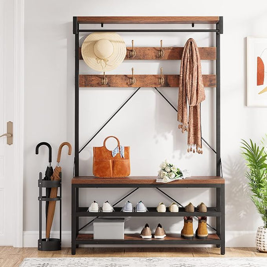 IDEALHOUSE Industrial Hall Tree with Bench and Shoe Storage, 3-in-1 Entryway Mudroom Organizer with 8 Coat Hooks, Heavy Duty Standing Clothes Rack for Hallway, Rustic Brown
