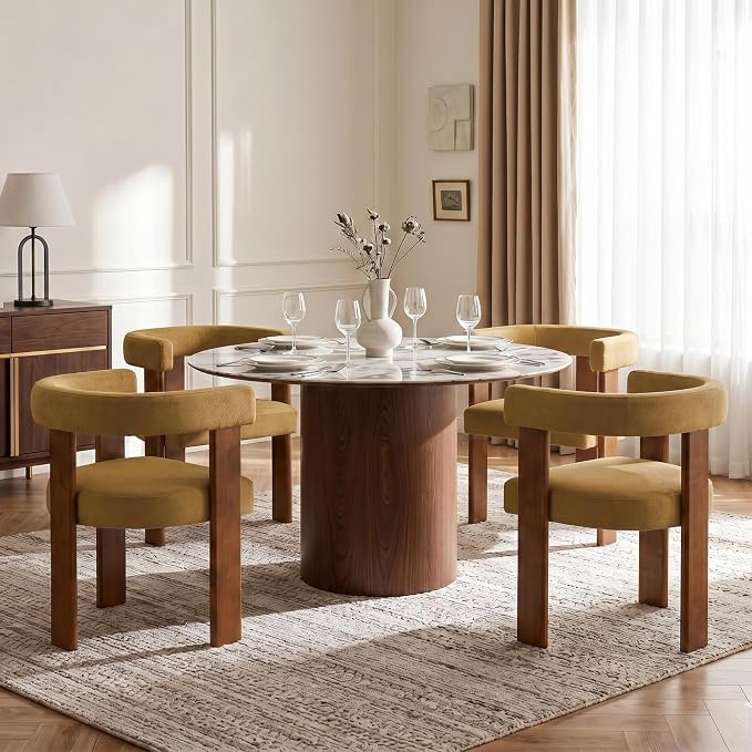 USAINT Wooden Barrel Dining Chairs Set of 6, Mid-century Modern Upholstered Dining Room Chairs with Walnut Wood Legs and Loop Back, Comfy Accent Arm Chair for Dining room, Kitchen, Living room, Orange