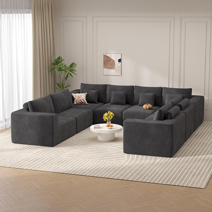 Modern U Shaped Modular Sectional Sofa, Convertible Oversized Cloud Couches for Living Room, Comfy 8 Seater Corduroy Boneless Couch Sofa Set, No Assembly Required, Beige 1 PCS