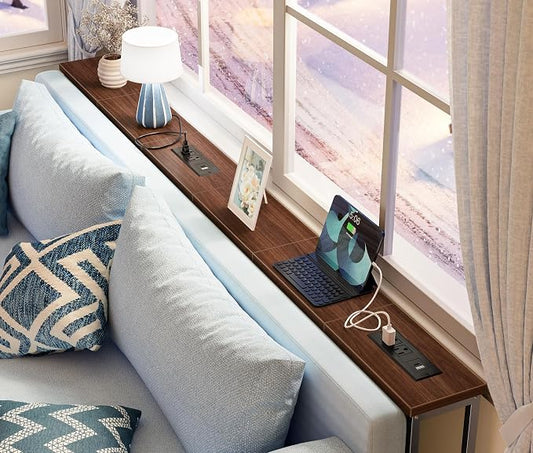 SUPERJARE 78.8 inch Narrow Console Table with Outlet, Sofa Tables, Behind Couch Table, Long Entryway Tables with Charging Station, for Living Room, Walnut