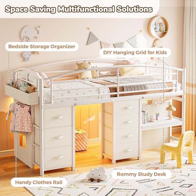 Low Loft Bed Twin Size with 7 Storage Drawers, Desk and LED Lights, Heavy Duty Metal Kids Loft Bed with 13.8" H Safety Guardrail, Anti-Collision Pad, Private Play Curtain, Under-Bed Play Space - Beige