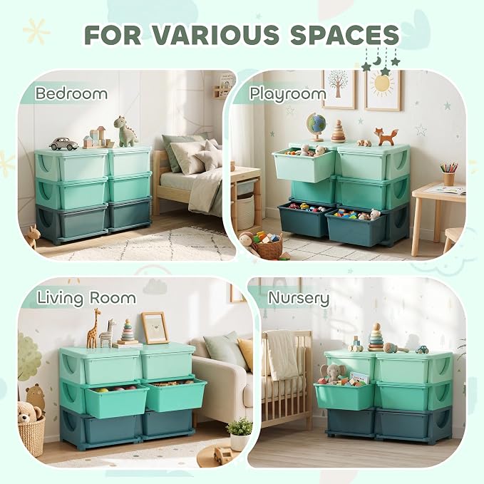 Qaba 6 Drawers Kids Storage Unit, 3 Tier Stackable Toy Organizers and Storage Chest for Bedroom, Nursery, Playroom, Living Room, Boys, Girls, Toddlers, Green